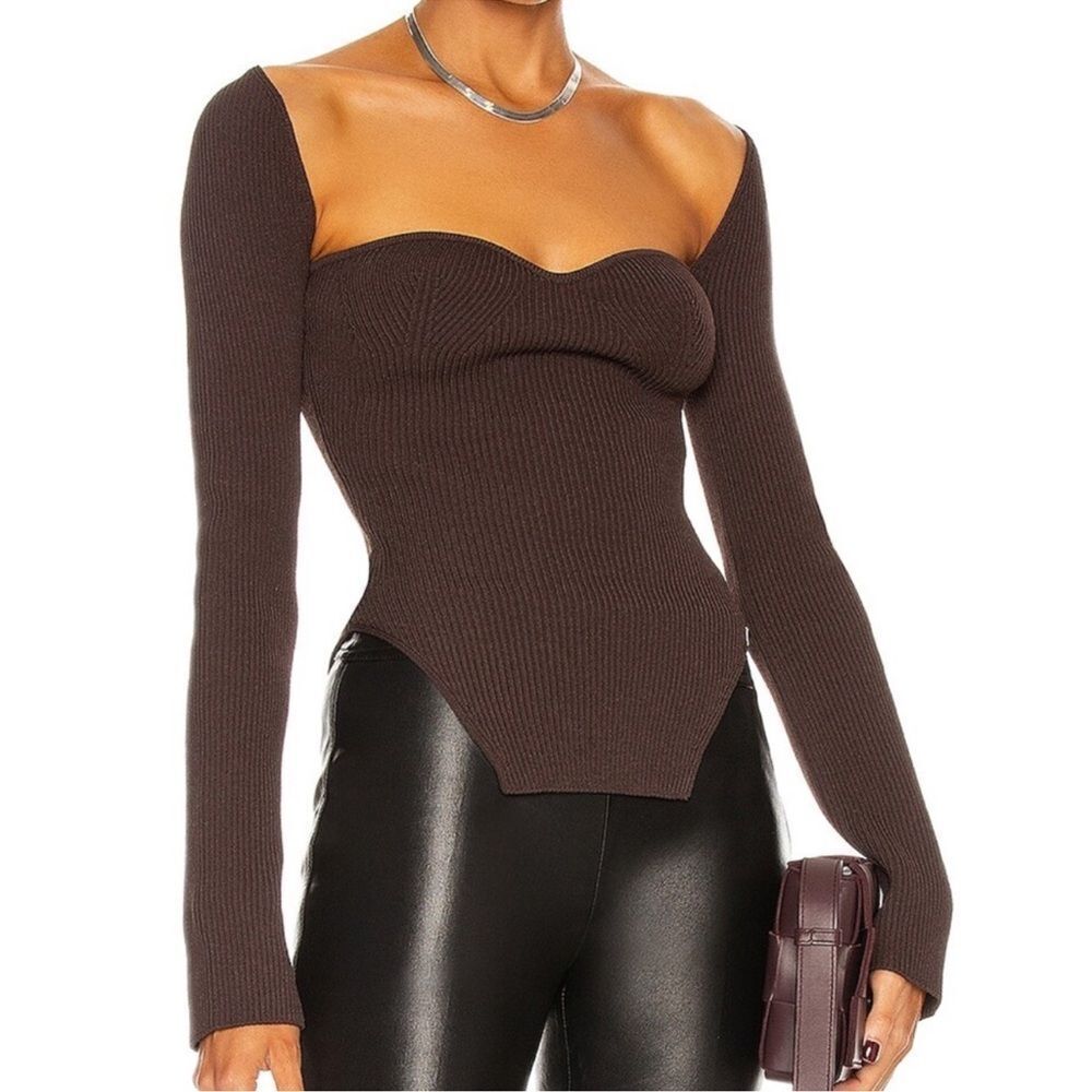 KHAITE Chocolate Brown Ribbed Off-Shoulder Sweater Top